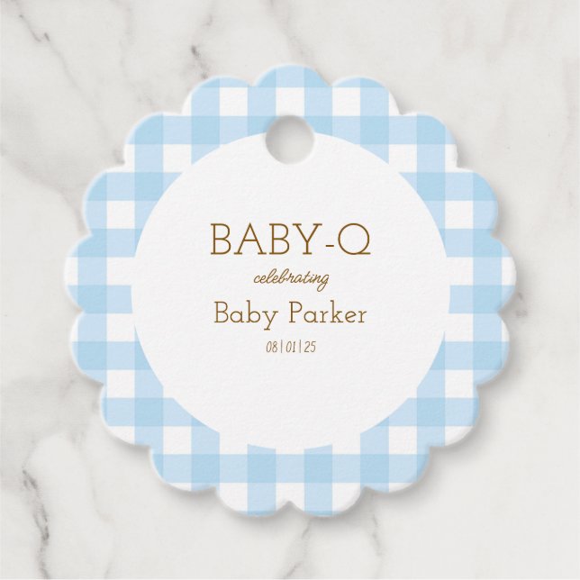 Blue Gingham Baby Showdusche Gevor Tag Geschenkanhänger (Vorderseite)