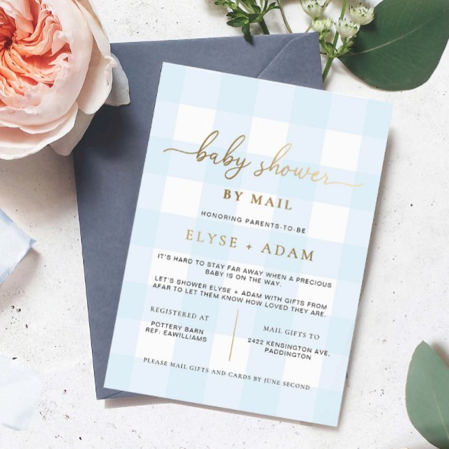 Blue Gingham Baby Shower by Mail Foil Einladung (Baby Shower By Mail Invitation Blue Gingham )
