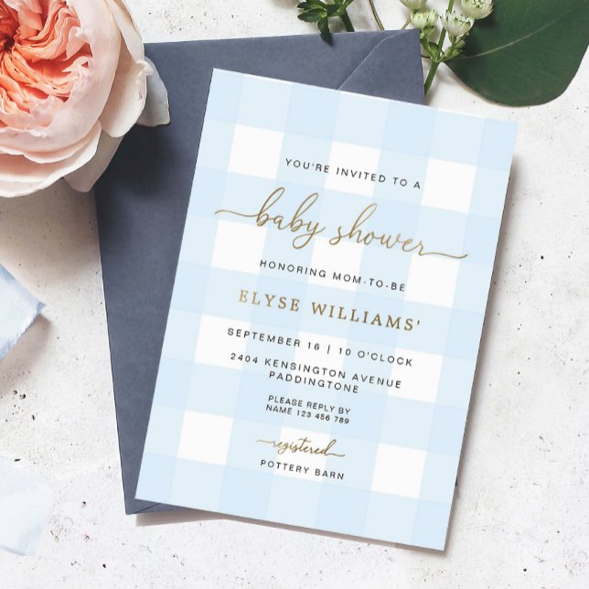 Blue Gingham Baby Shower Gold Foil Einladung (Baby Shower Gold Foil Invitation Blue Gingham)