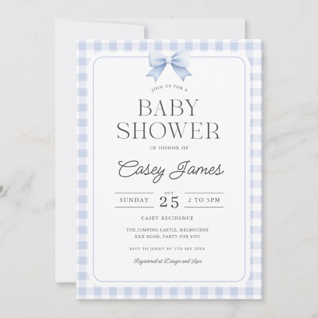 Blue Gingham Baby Shower Invitation (Devant)