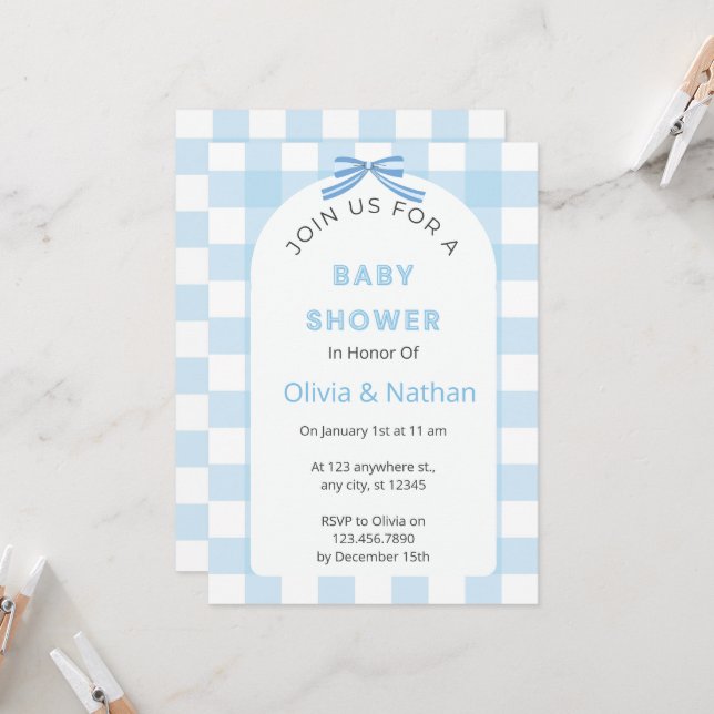 Blue Gingham Baby Shower Invitation, Blue Baby Boy Einladung (Vorderseite/Rückseite Beispiel)