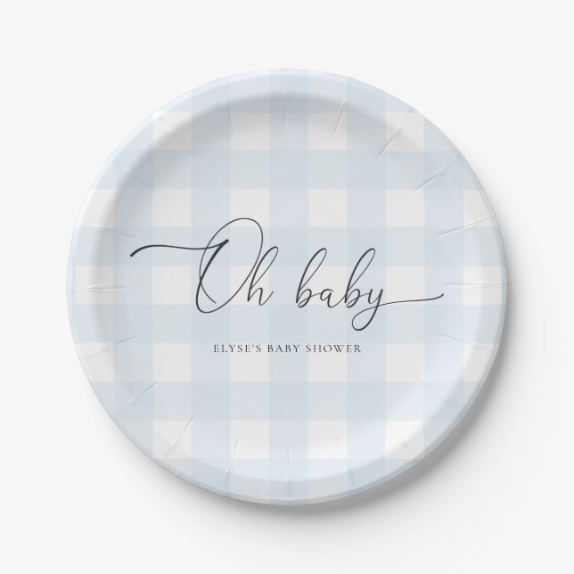 Blue Gingham Baby Shower Pappteller (Vorderseite)