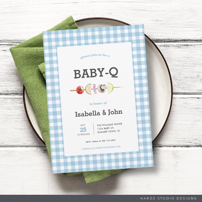Blue Gingham BabyQ Couple Baby Shower Einladung (Invite shown in 5 x 7 inches with square corner, choose size, paper and corner style before checkout)