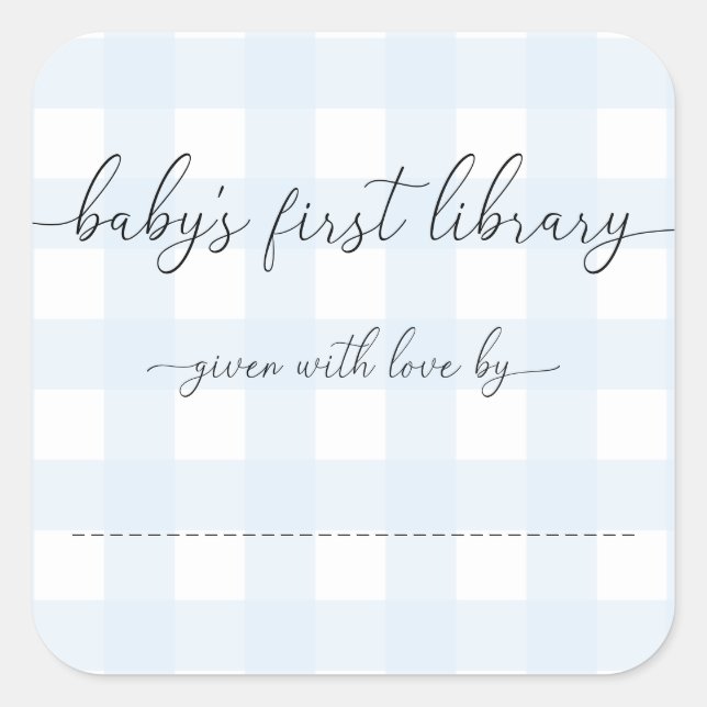 Blue Gingham Baby's First Library Buchzeichen Quadratischer Aufkleber (Vorderseite)