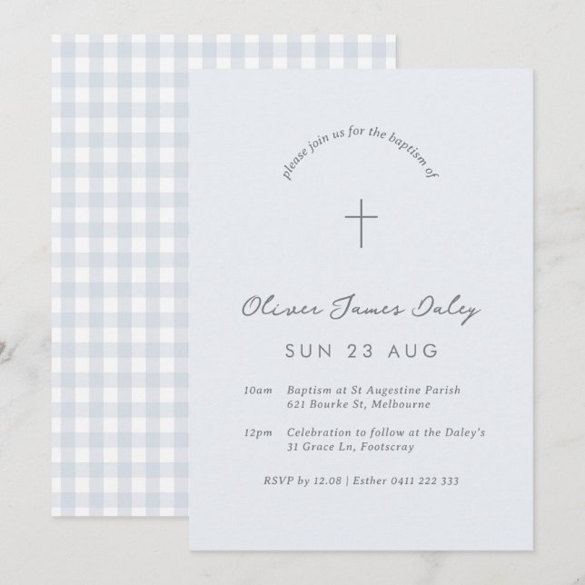 Blue Gingham Baptisse Christening Cross Einladung (Vorne/Hinten)