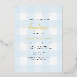 Blue Gingham Baptisse Gold Foil Einladung