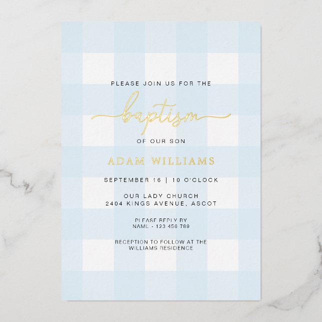 Blue Gingham Baptisse Gold Foil Einladung (Vorderseite)