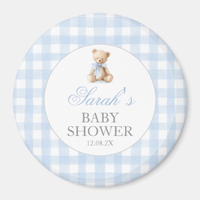 Blue Gingham Bear Baby Shower Magnet (Vorne)