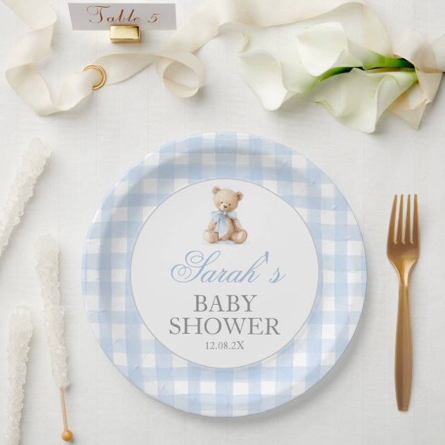 Blue Gingham Bear Baby Shower Pappteller (Hochzeit)