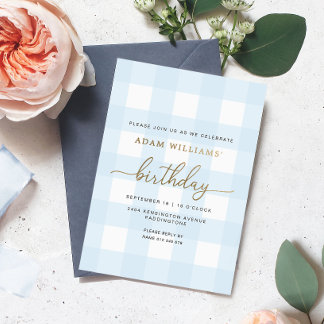 Blue Gingham Birthday Gold Foil Einladung