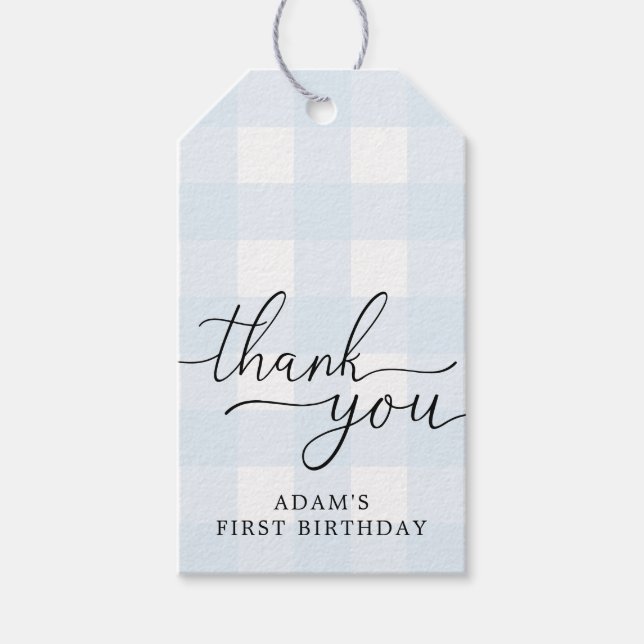 Blue Gingham Birthday Vielen Dank für Ihre Unterst Geschenkanhänger (Vorderseite)