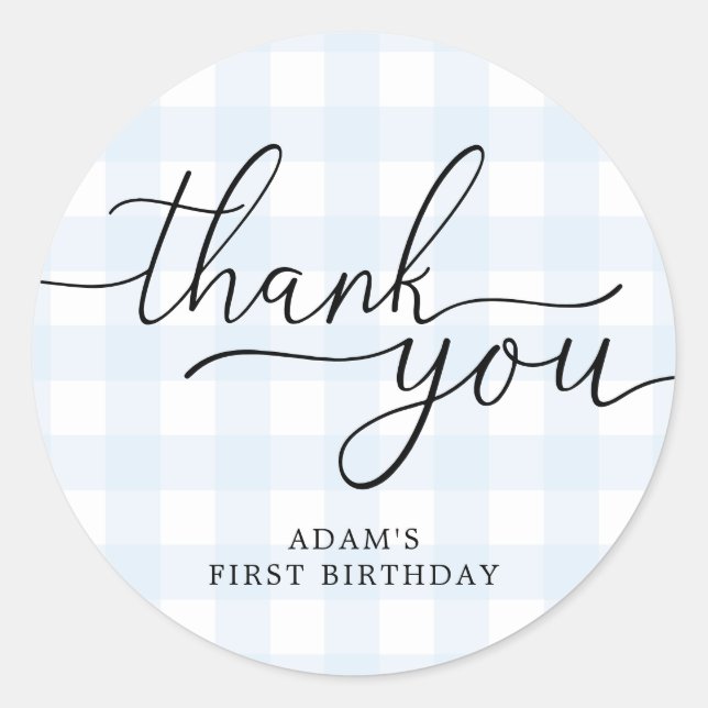 Blue Gingham Birthday Vielen Dank für Ihre Unterst Runder Aufkleber (Vorderseite)