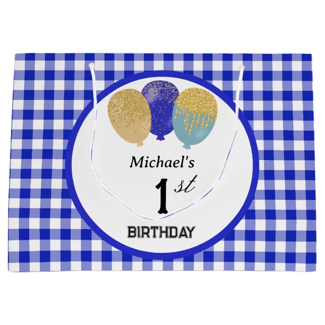 Blue Gingham & Blue Glitzer Party Balloons Große Geschenktüte (Vorderseite)