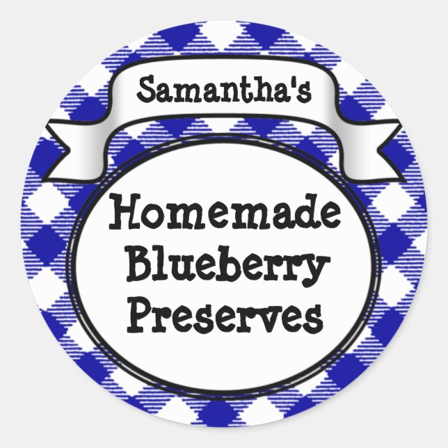 Blue Gingham Blueberry Jelly Jam Jar/Lid Label Runder Aufkleber (Vorderseite)