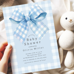 Blue Gingham Bow Baby Shower Einladung