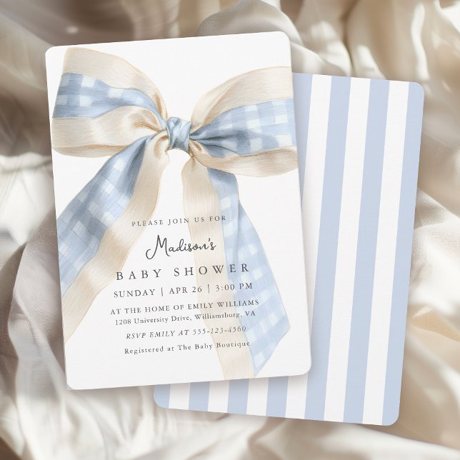 Blue Gingham Bow Cute Baby Shower Einladung (Invitation may be ordered in both printed and instant download digital formats.)