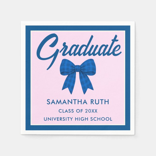 Blue Gingham Bow Graduation Party Serviette (Vorderseite)
