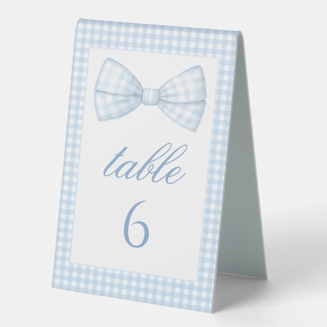 Blue Gingham Bow Krawatte Baby Junge Dusche Tischn Tischaufsteller (Vorderseite)