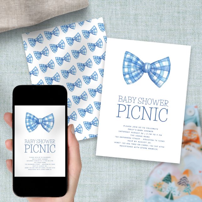 Blue Gingham Bow Krawatte Baby Shower Picnic Einladung (Front and back view)