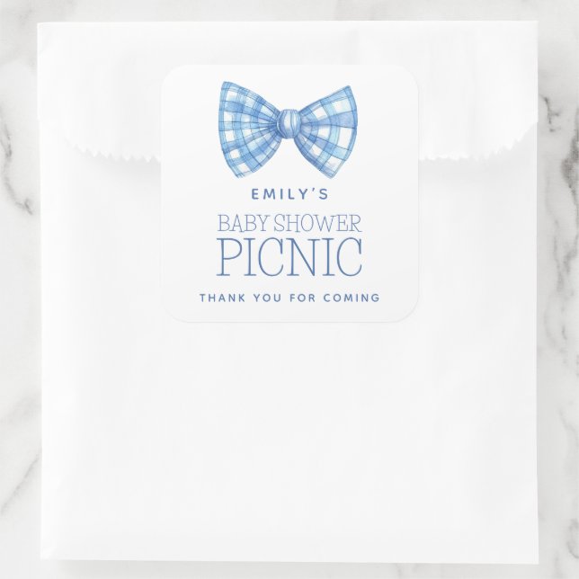 Blue Gingham Bow Krawatte Name Baby Dusche Vielen  Quadratischer Aufkleber (Tasche)