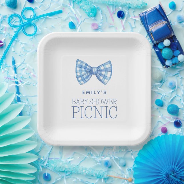 Blue Gingham Bow Krawatte Name Baby Shower Picnic Pappteller (Party)