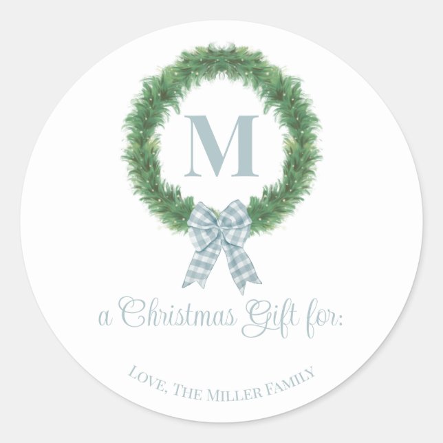 Blue Gingham Bow Wreath Sticker Geschenk Tag (Vorderseite)