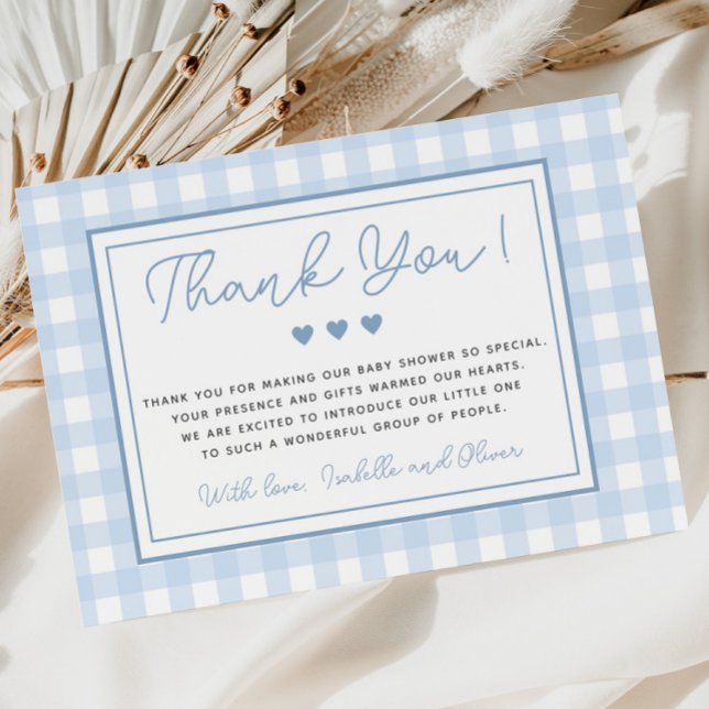 Blue Gingham Boy Baby Dusche Danke Karte (Blue Gingham Boy Baby Shower Thank You Card)