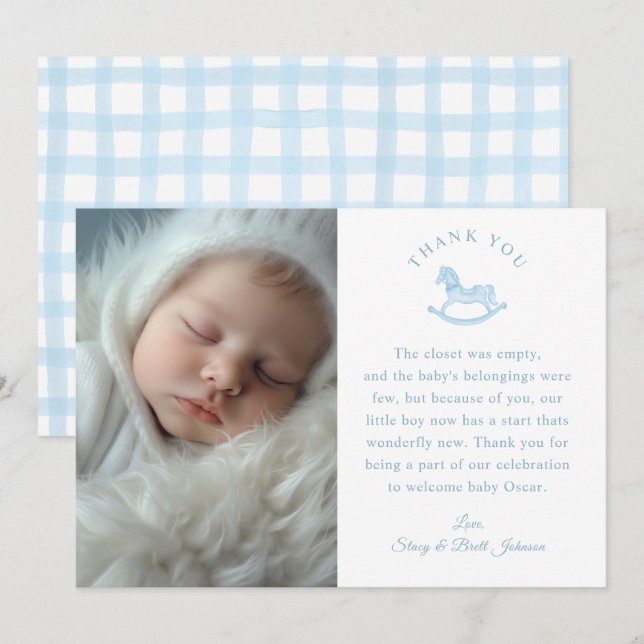 Blue Gingham Boy Baby Shower Foto Danke Karte (Vorne/Hinten)