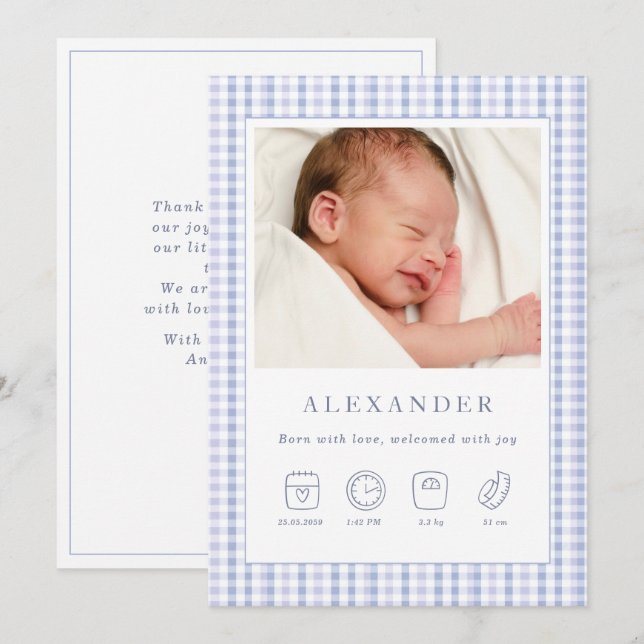 Blue Gingham Boy Birth Announcement Foto Card Einladung (Vorne/Hinten)