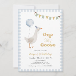 Blue Gingham Boy One Albern Goose Birthday Einladung
