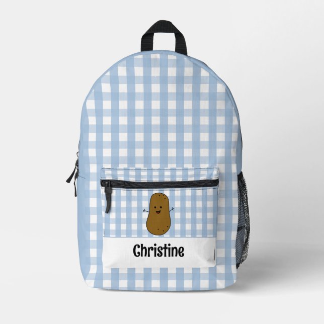 Blue Gingham Brown Potato Custom Bedruckter Rucksack (Vorderseite)