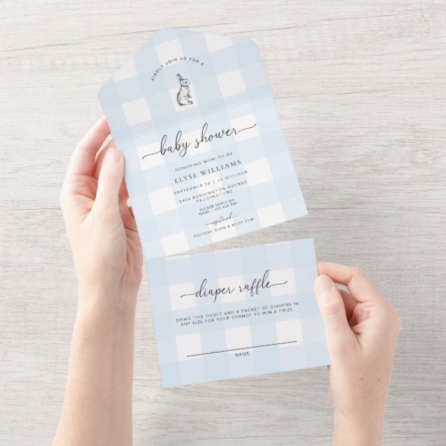 Blue Gingham Bunny Rabbit Baby Dusche All In One Einladung (Abreißen)