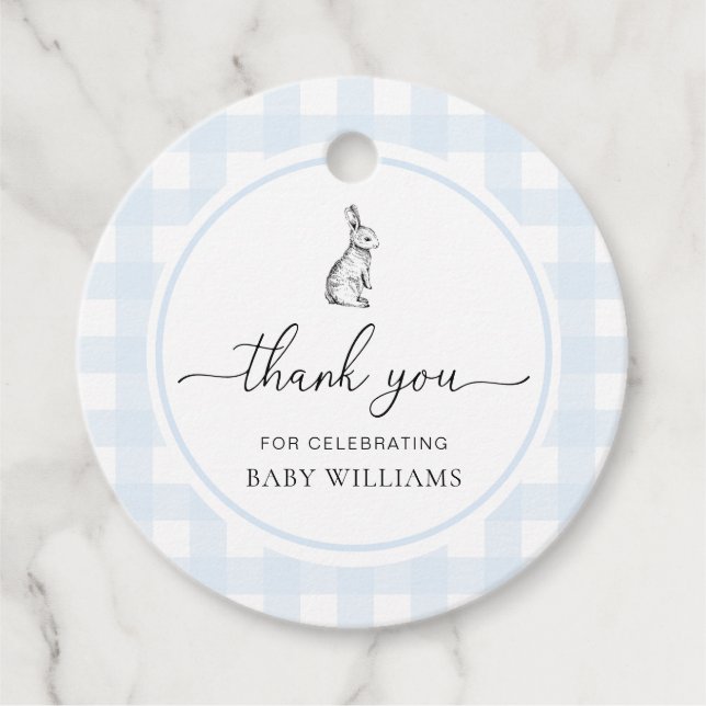 Blue Gingham Bunny Rabbit Baby Dusche Geschenkanhänger (Vorderseite)