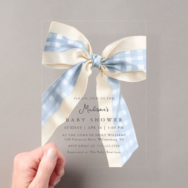 Blue Gingham Checks Bow Cute Baby Shower Acryleinladungen (Insitu (Handheld))