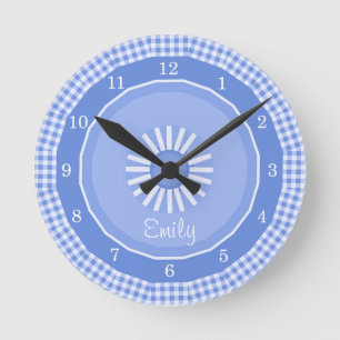 Blue Gingham Checks Numbered Runde Wanduhr