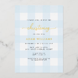 Blue Gingham Christening Gold Foil Einladung