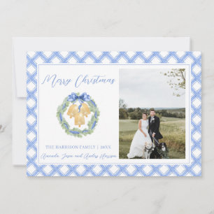 Blue Gingham Christmas Wreath Bells Vintages Foto Feiertagskarte