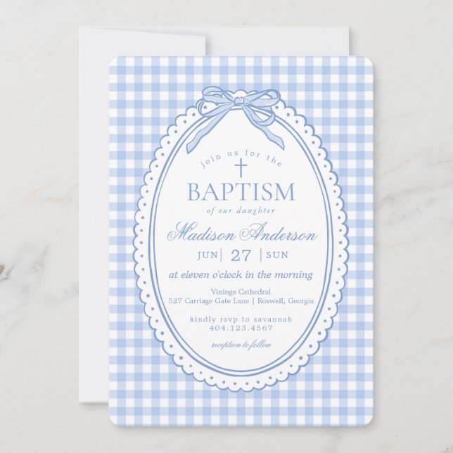 Blue Gingham Coquette Bow Baptism Einladung (Vorderseite)
