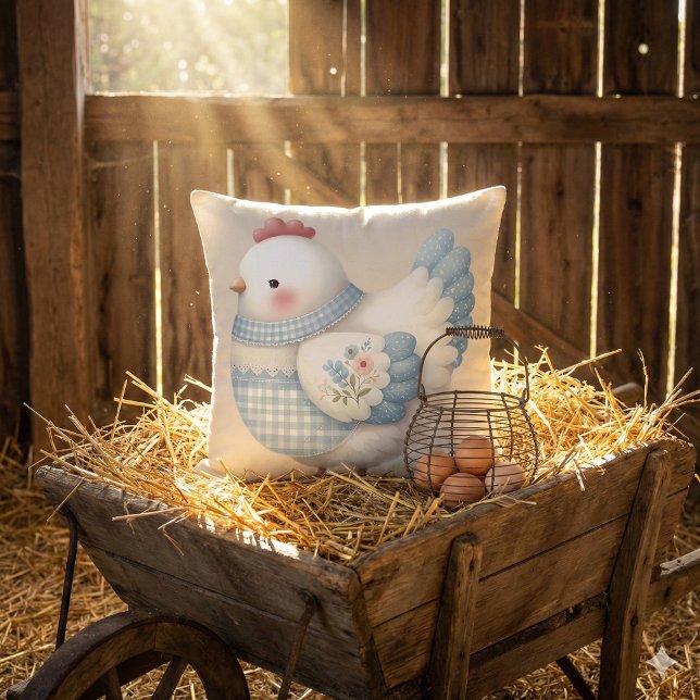 Blue Gingham Cottage Hen Kissen (Blue Gingham Cottage Hen Throw Pillow Mockup C)