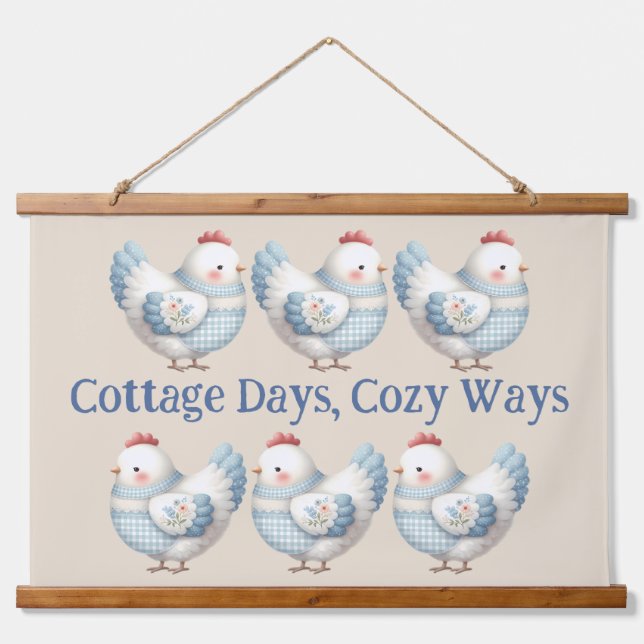 Blue Gingham Cottage Hen  Wandteppich Mit Holzrahmen (Vorne)