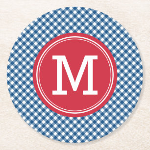 Blue Gingham Country Chic Personalize Monogram Runder Pappuntersetzer