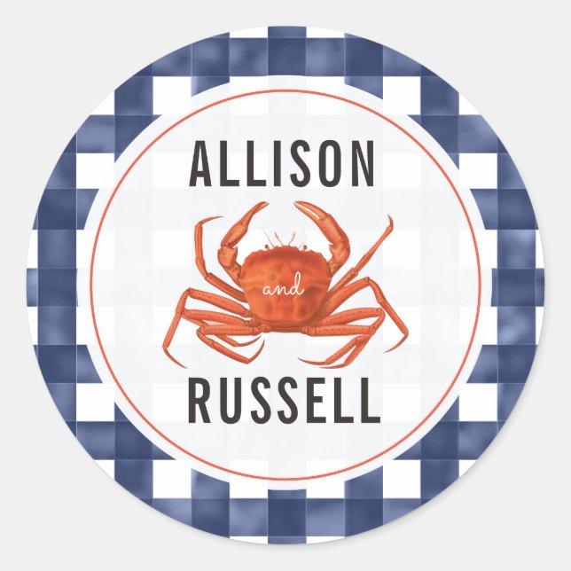 Blue Gingham Crab Wedding Runder Aufkleber (Vorderseite)