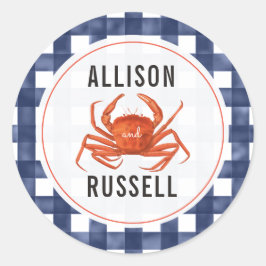 Blue Gingham Crab Wedding Runder Aufkleber