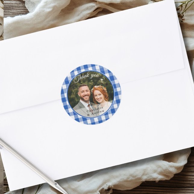 Blue Gingham Danke Foto Runder Aufkleber (Blue Gingham Thank you Photo Classic Round Sticker)