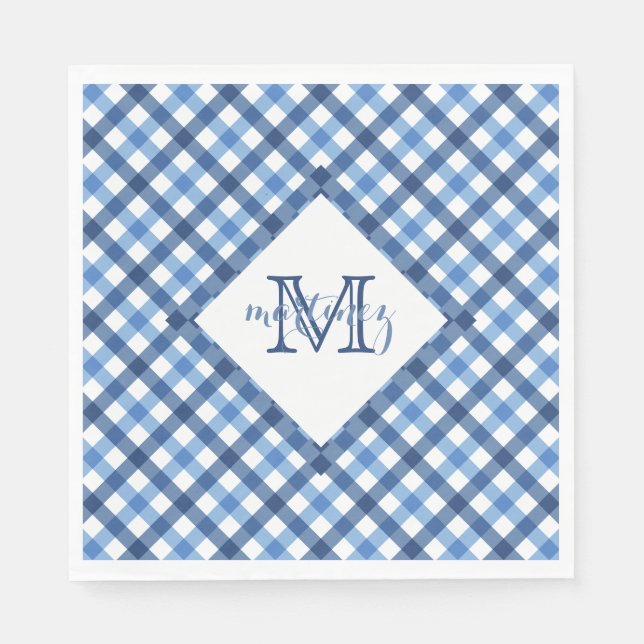 Blue Gingham Diamant Monogram Name Napkins Serviette (Vorderseite)