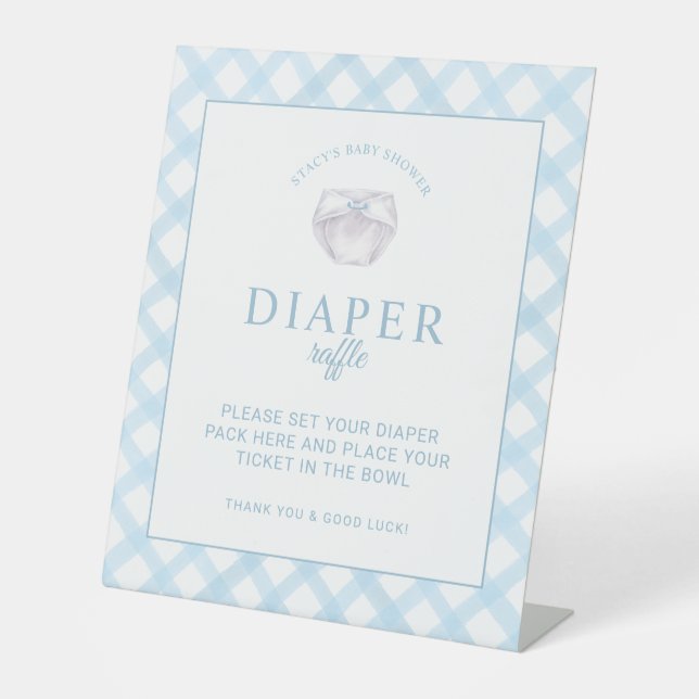 Blue Gingham Diaper Raffle Baby Duschzeichen Sockelschild (Vorderseite)