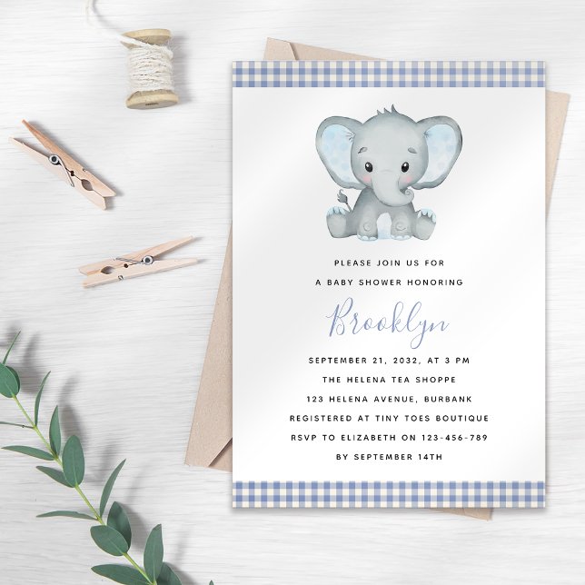 Blue Gingham Elephant Baby Shower Einladung (Von Creator hochgeladen)
