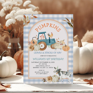 Blue Gingham Fall Pumpkin Farm Animal Birthday Einladung