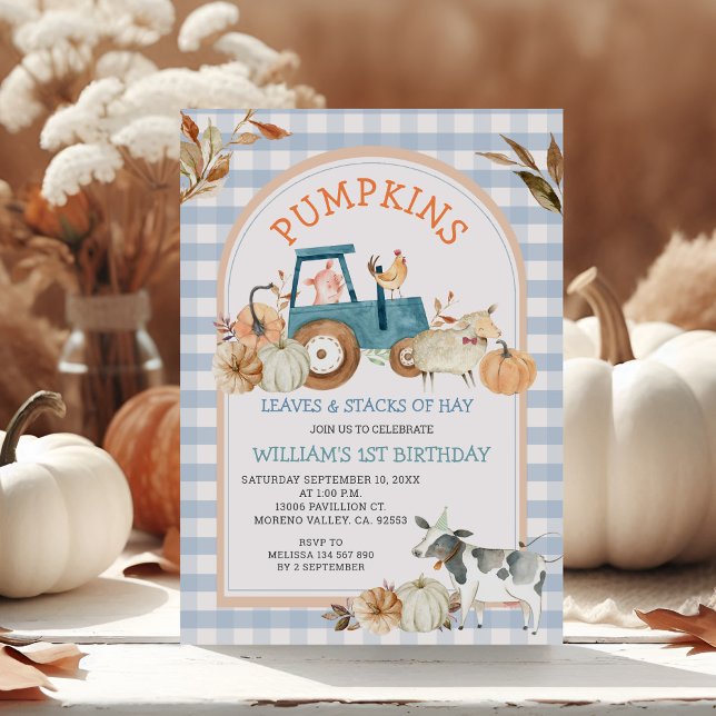 Blue Gingham Fall Pumpkin Farm Animal Birthday Einladung (Von Creator hochgeladen)
