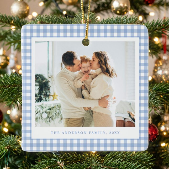 Blue Gingham Family Photo Keramikornament (Von Creator hochgeladen)